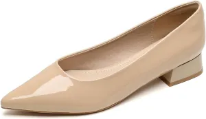 Women Patent Leather Pointed Toe Low Chucky Heel Pumps Sexy Shallow Mouth Comfy Basic Slip On Block Heel Casual Office Work Dress Court Shoes