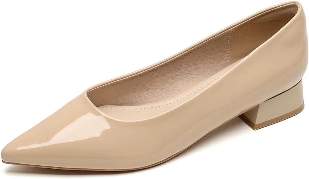 Women Patent Leather Pointed Toe Low Chucky Heel Pumps Sexy Shallow Mouth Comfy Basic Slip On Block Heel Casual Office Work Dress Court Shoes