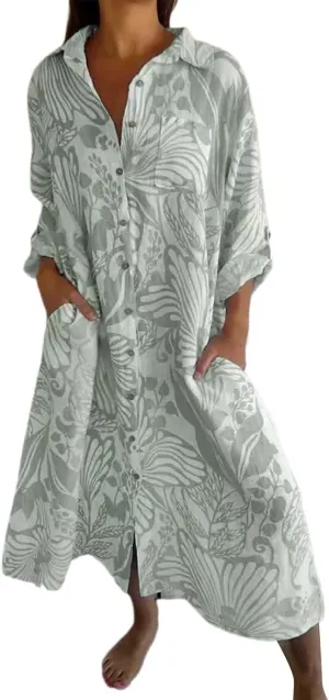 Womens Boho Shirt Dress Casual Summer Spring Floral Print Button Down Roll Up Sleeve Maxi Dress Beach Coverup Tunic