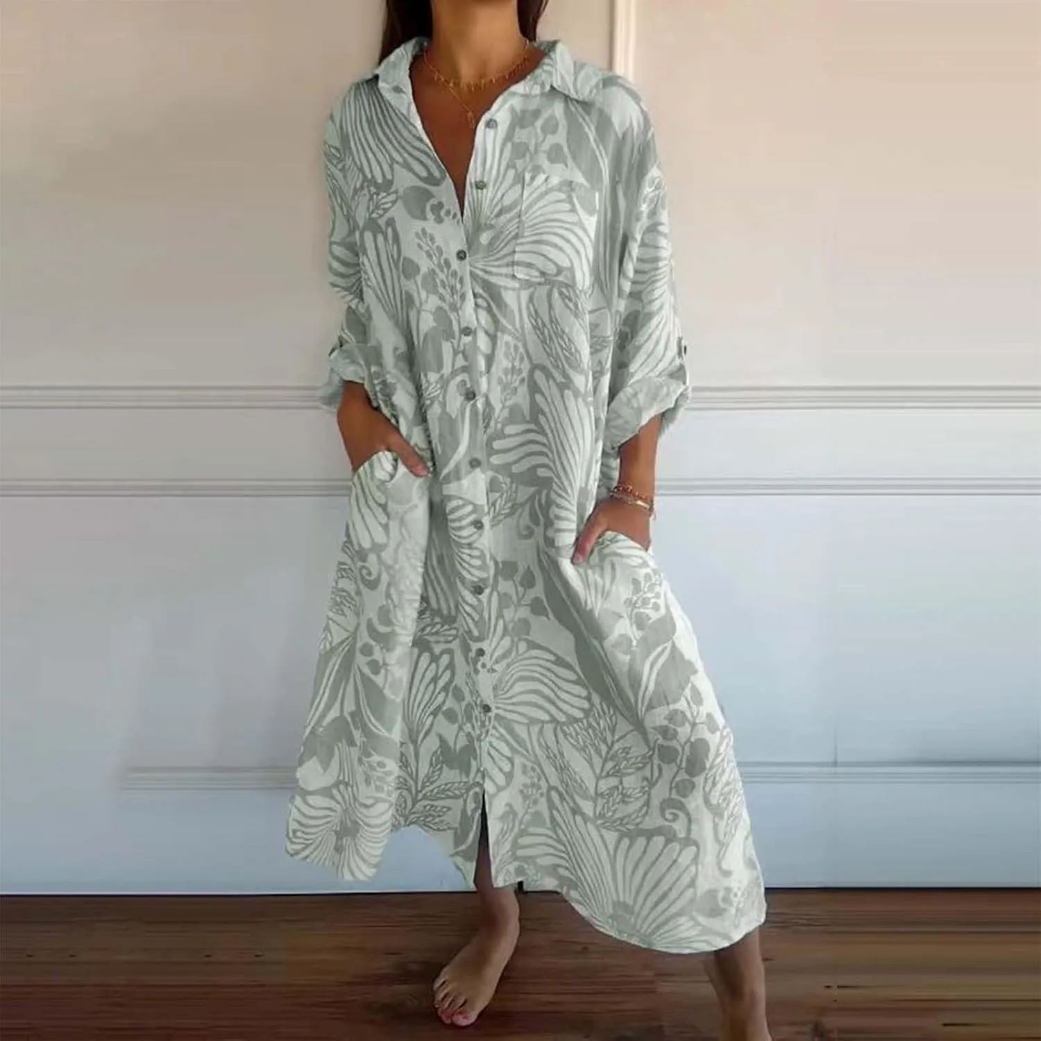 Womens Boho Shirt Dress Casual Summer Spring Floral Print Button Down Roll Up Sleeve Maxi Dress Beach Coverup Tunic