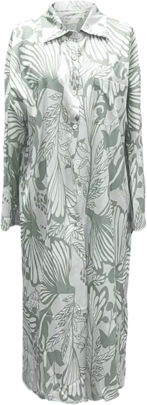 Womens Boho Shirt Dress Casual Summer Spring Floral Print Button Down Roll Up Sleeve Maxi Dress Beach Coverup Tunic