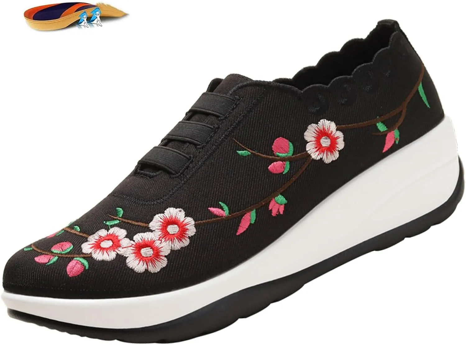 Women's Floral Embroidery Platform Wedge Walking Sneakers Fashion Fitness Mesh Up Stretch Slip On Arch Support Orthopedic Running Shoe Casual Breathable Wedge Rocker Shoe