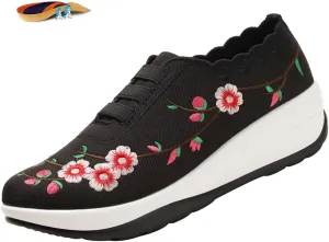 Women's Floral Embroidery Platform Wedge Walking Sneakers Fashion Fitness Mesh Up Stretch Slip On Arch Support Orthopedic Running Shoe Casual Breathable Wedge Rocker Shoe