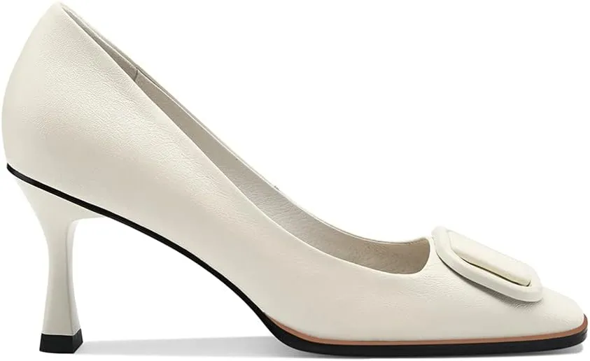 Women's Genuine Leather Square Toe Handmade Stiletto Mid Heels Pumps Shoes with Buckle
