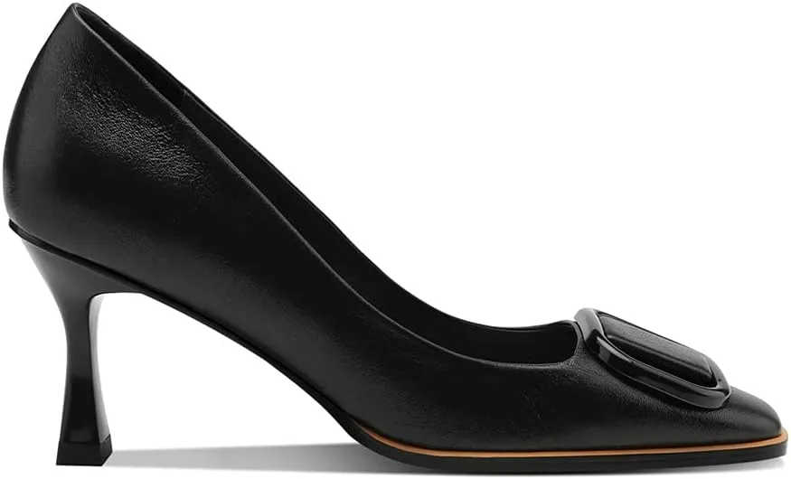 Women's Genuine Leather Square Toe Handmade Stiletto Mid Heels Pumps Shoes with Buckle