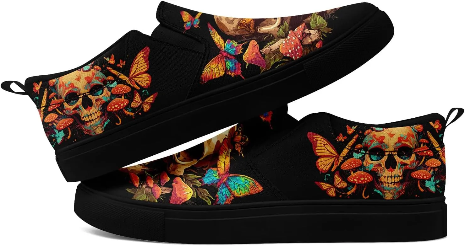 Women's Gothic Skull Slip Ons Sneakers Elastic Canvas Casual Loafers Rock &Punk Low Top Walking Shoes for Men