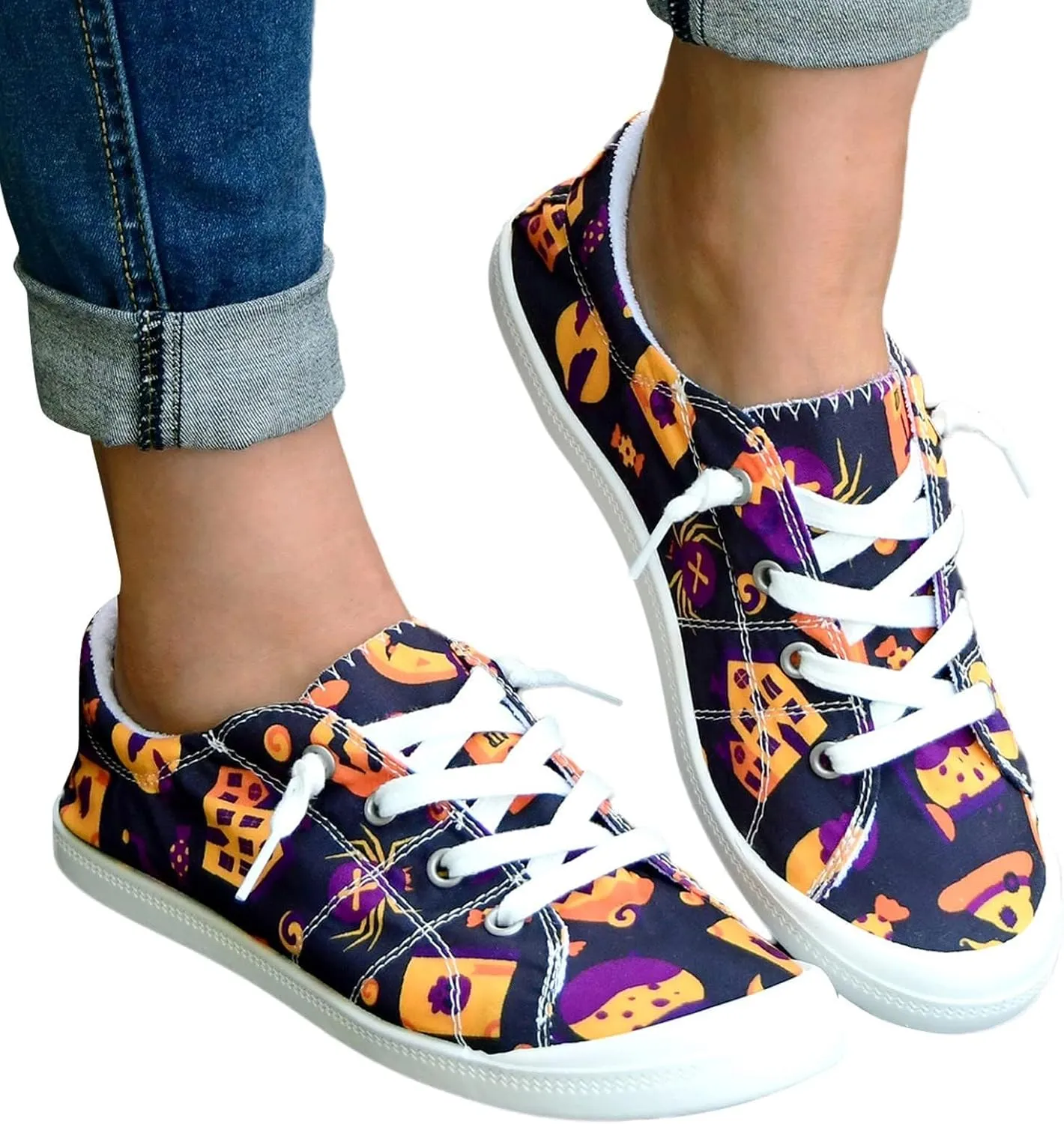 Women's Halloween Canvas Shoes Casual Slip On Loafers Skull Pumpkin Printed Low Top Canvas Sneakers Soft Sole Comfort Flat Tennis Walking Shoes