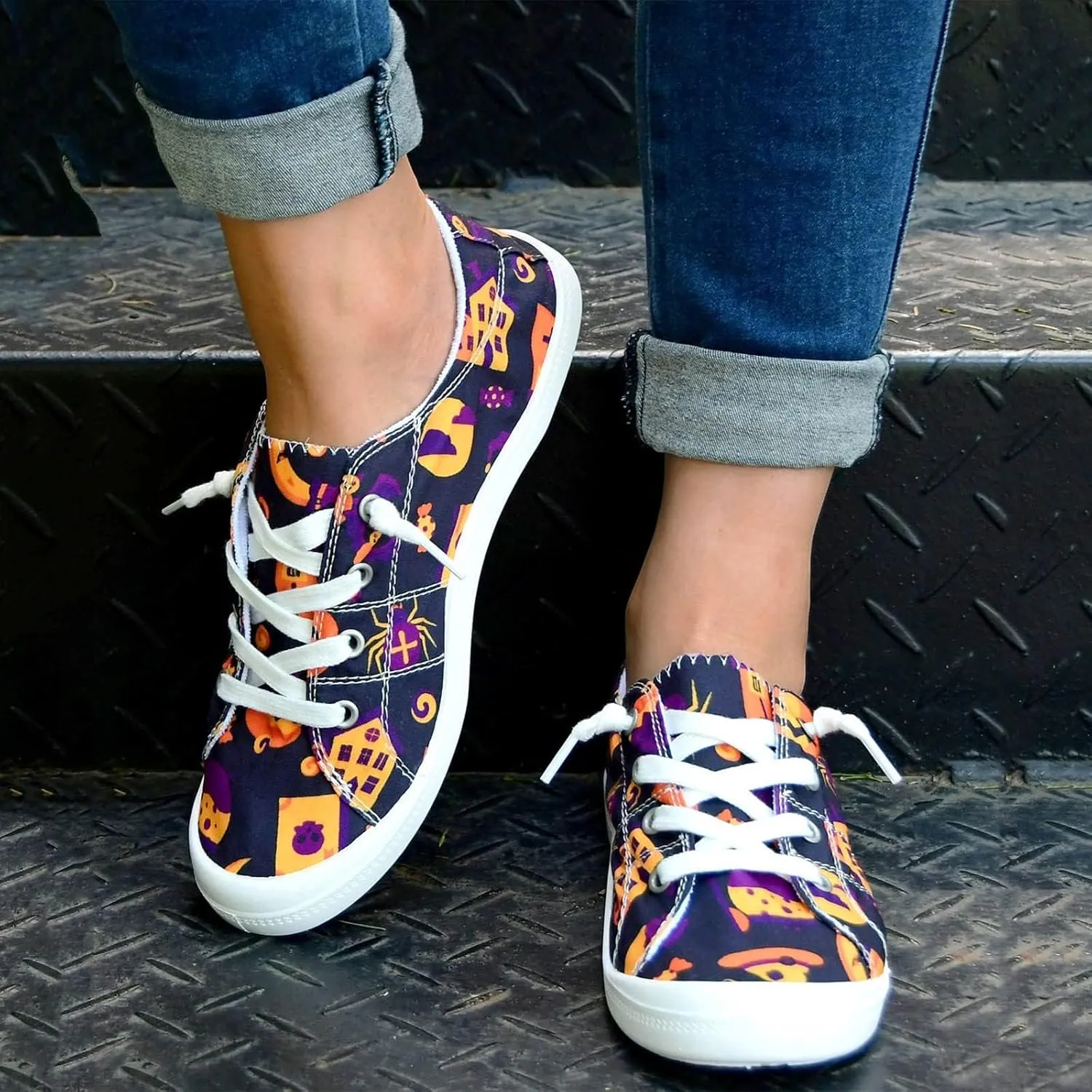 Women's Halloween Canvas Shoes Casual Slip On Loafers Skull Pumpkin Printed Low Top Canvas Sneakers Soft Sole Comfort Flat Tennis Walking Shoes