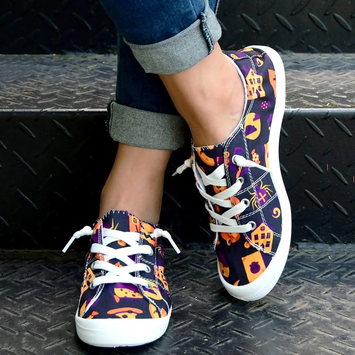Women's Halloween Canvas Shoes Casual Slip On Loafers Skull Pumpkin Printed Low Top Canvas Sneakers Soft Sole Comfort Flat Tennis Walking Shoes