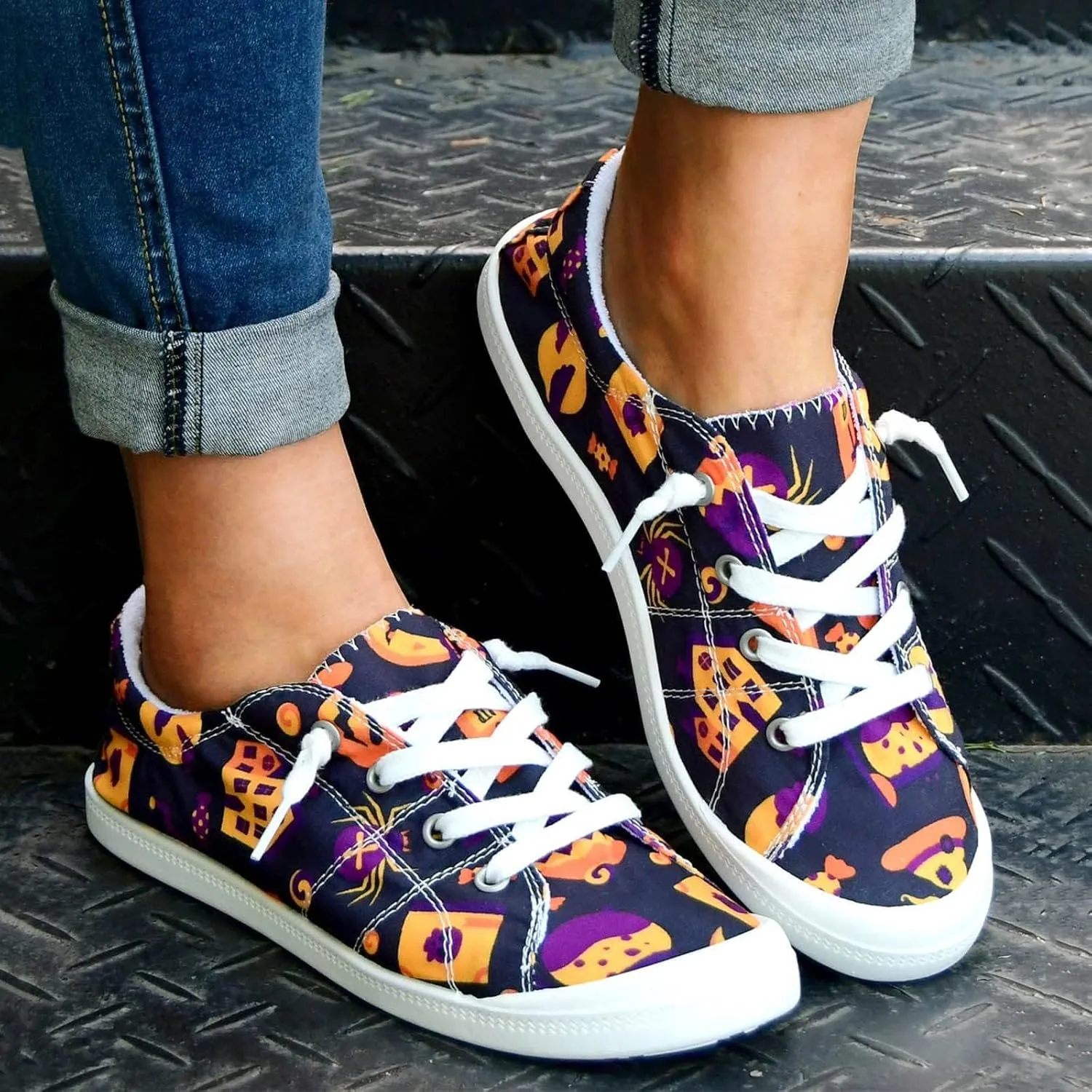 Women's Halloween Canvas Shoes Casual Slip On Loafers Skull Pumpkin Printed Low Top Canvas Sneakers Soft Sole Comfort Flat Tennis Walking Shoes