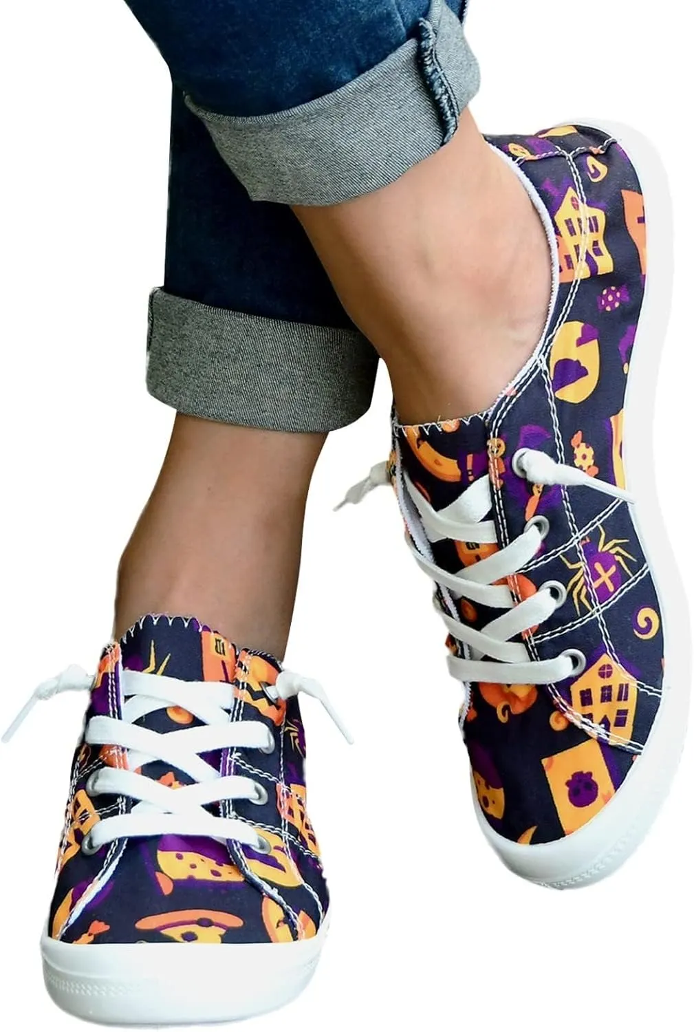 Women's Halloween Canvas Shoes Casual Slip On Loafers Skull Pumpkin Printed Low Top Canvas Sneakers Soft Sole Comfort Flat Tennis Walking Shoes