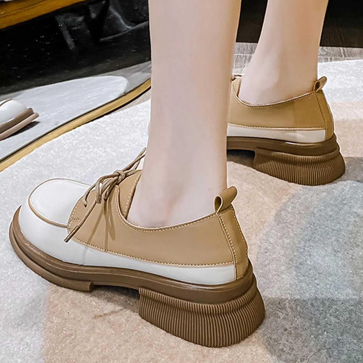 Women's Leather Chunky Platform Oxfords Luxury Round Toe Lace up Business Office Dress Shoes Breathable Non-Slip Walking Casual Shoes