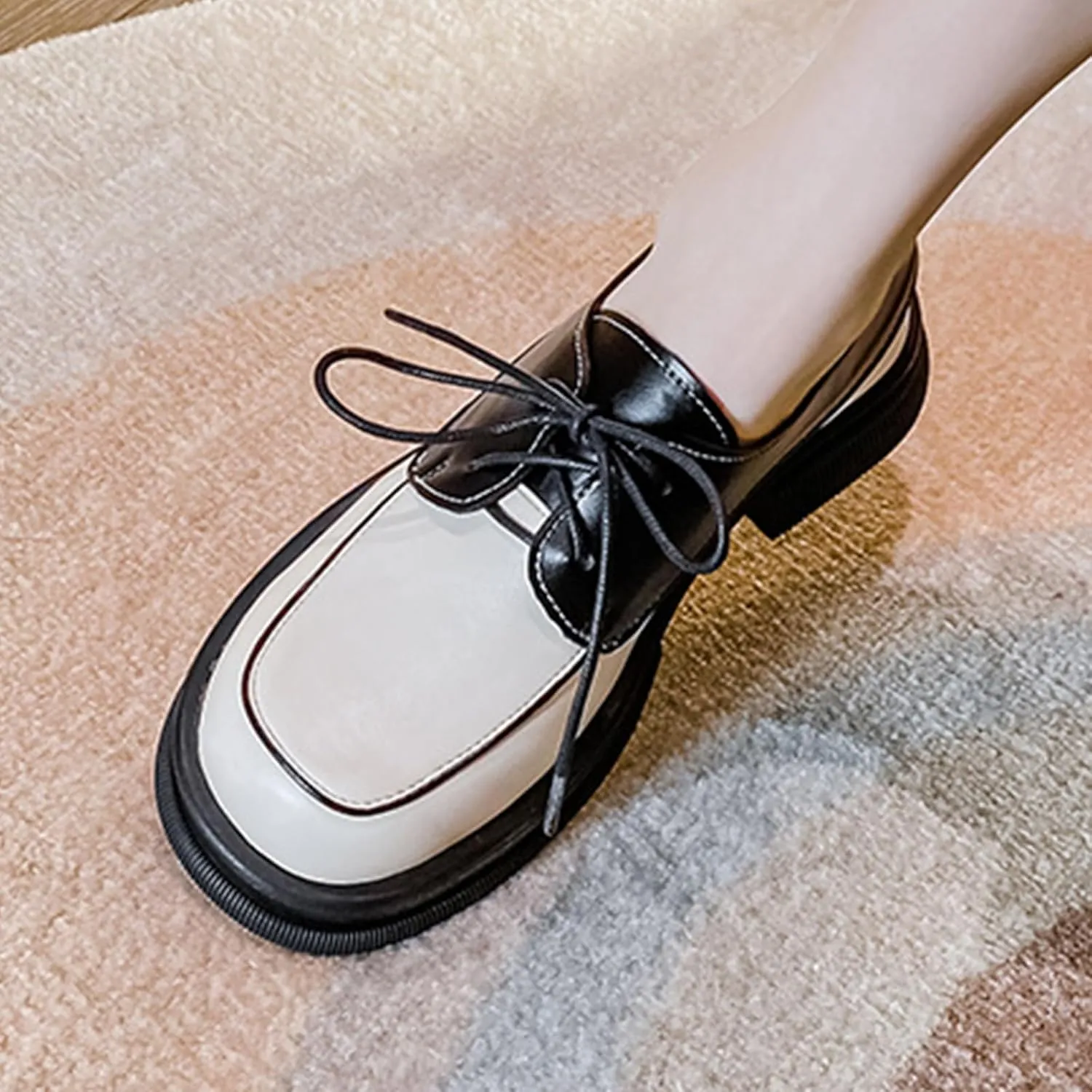 Women's Leather Chunky Platform Oxfords Luxury Round Toe Lace up Business Office Dress Shoes Breathable Non-Slip Walking Casual Shoes