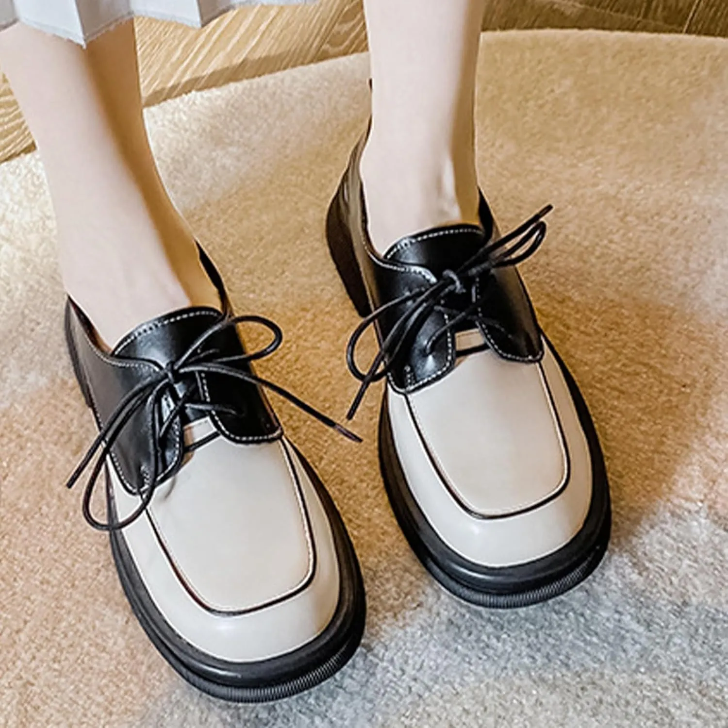 Women's Leather Chunky Platform Oxfords Luxury Round Toe Lace up Business Office Dress Shoes Breathable Non-Slip Walking Casual Shoes
