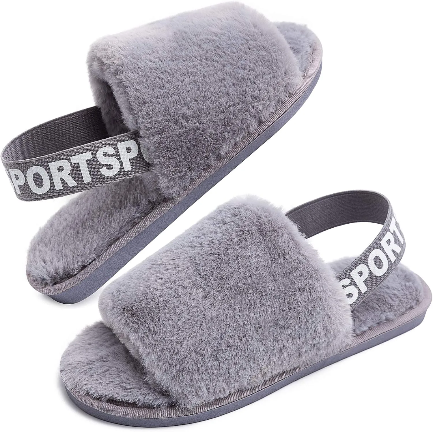 Womens Leopard Fuzzy Slippers Soft Plush Open Toe Faux Fur House Slide Sandals Indoor Spa Bedroom Flat Shoes with Elastic Strap