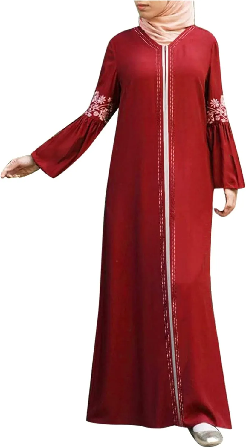 Women's Long Sleeve Sequin Maxi Dress Muslim Abaya Robe V Neck Embroided Long Gown Modern Islamic Arabic Casual Dress