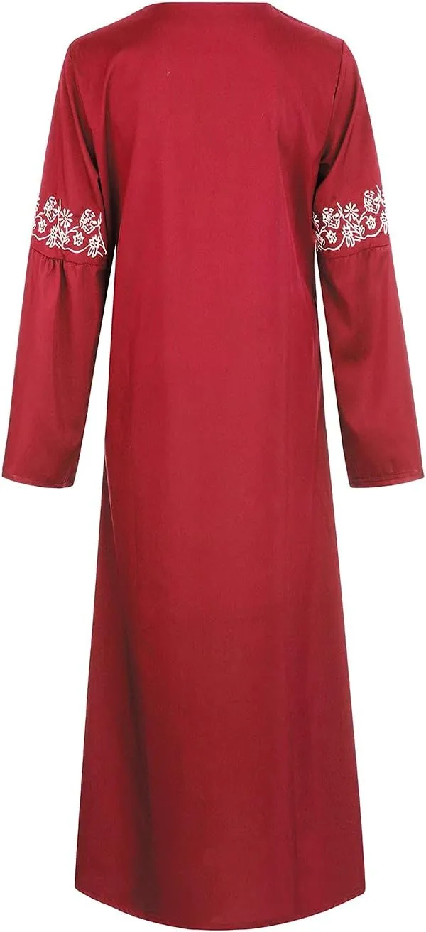 Women's Long Sleeve Sequin Maxi Dress Muslim Abaya Robe V Neck Embroided Long Gown Modern Islamic Arabic Casual Dress