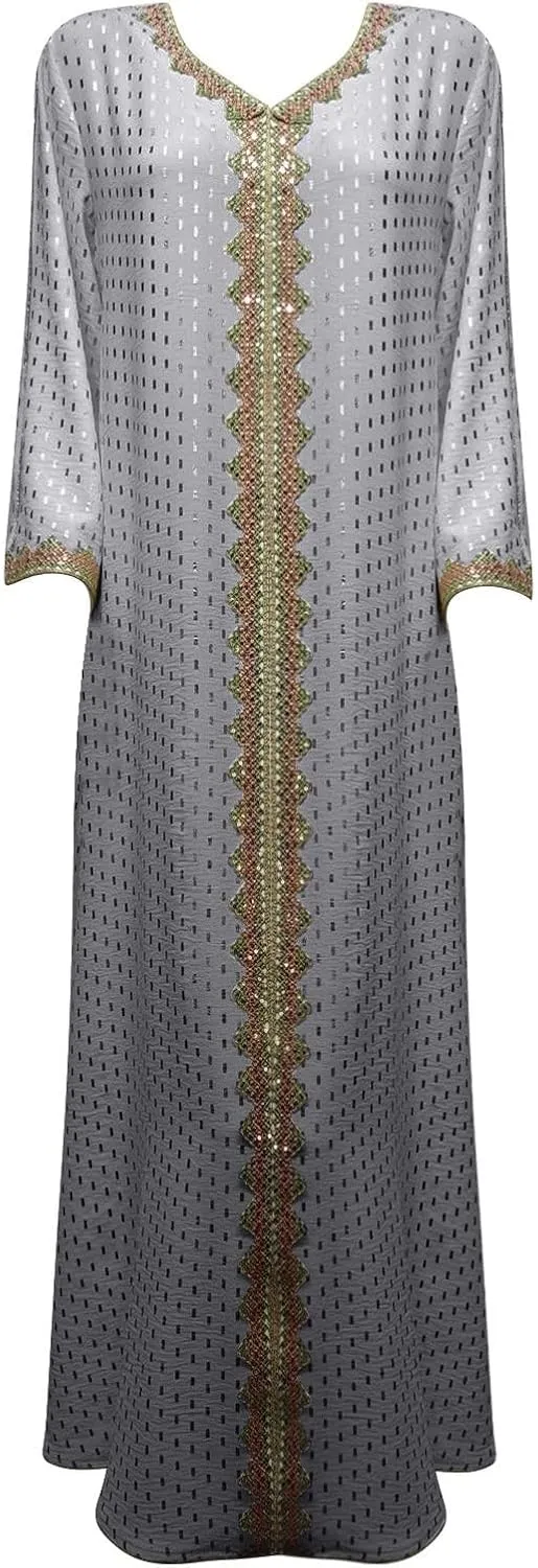 Women's Long Sleeve Sequin Maxi Dress Muslim Abaya Robe V Neck Embroided Long Gown Modern Islamic Arabic Casual Dress