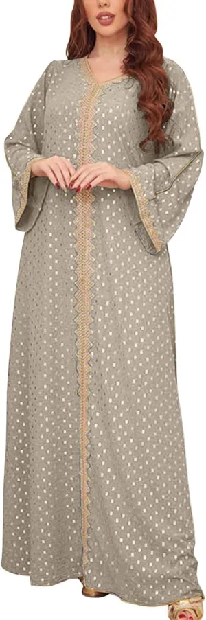 Women's Long Sleeve Sequin Maxi Dress Muslim Abaya Robe V Neck Embroided Long Gown Modern Islamic Arabic Casual Dress