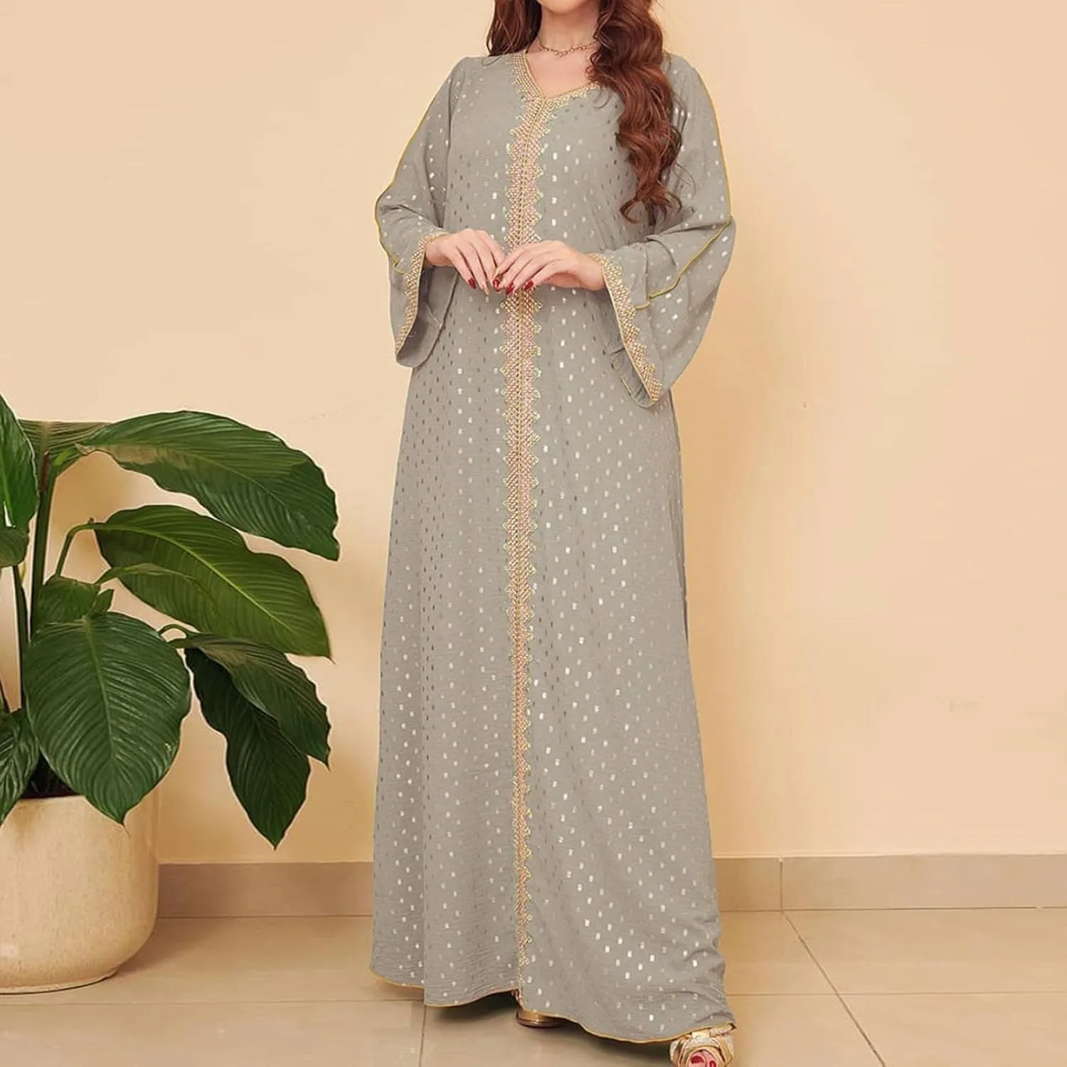 Women's Long Sleeve Sequin Maxi Dress Muslim Abaya Robe V Neck Embroided Long Gown Modern Islamic Arabic Casual Dress
