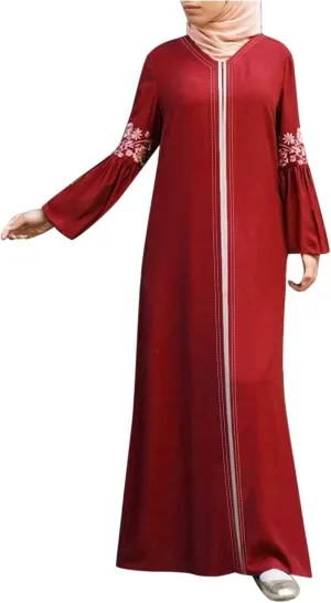 Women's Long Sleeve Sequin Maxi Dress Muslim Abaya Robe V Neck Embroided Long Gown Modern Islamic Arabic Casual Dress