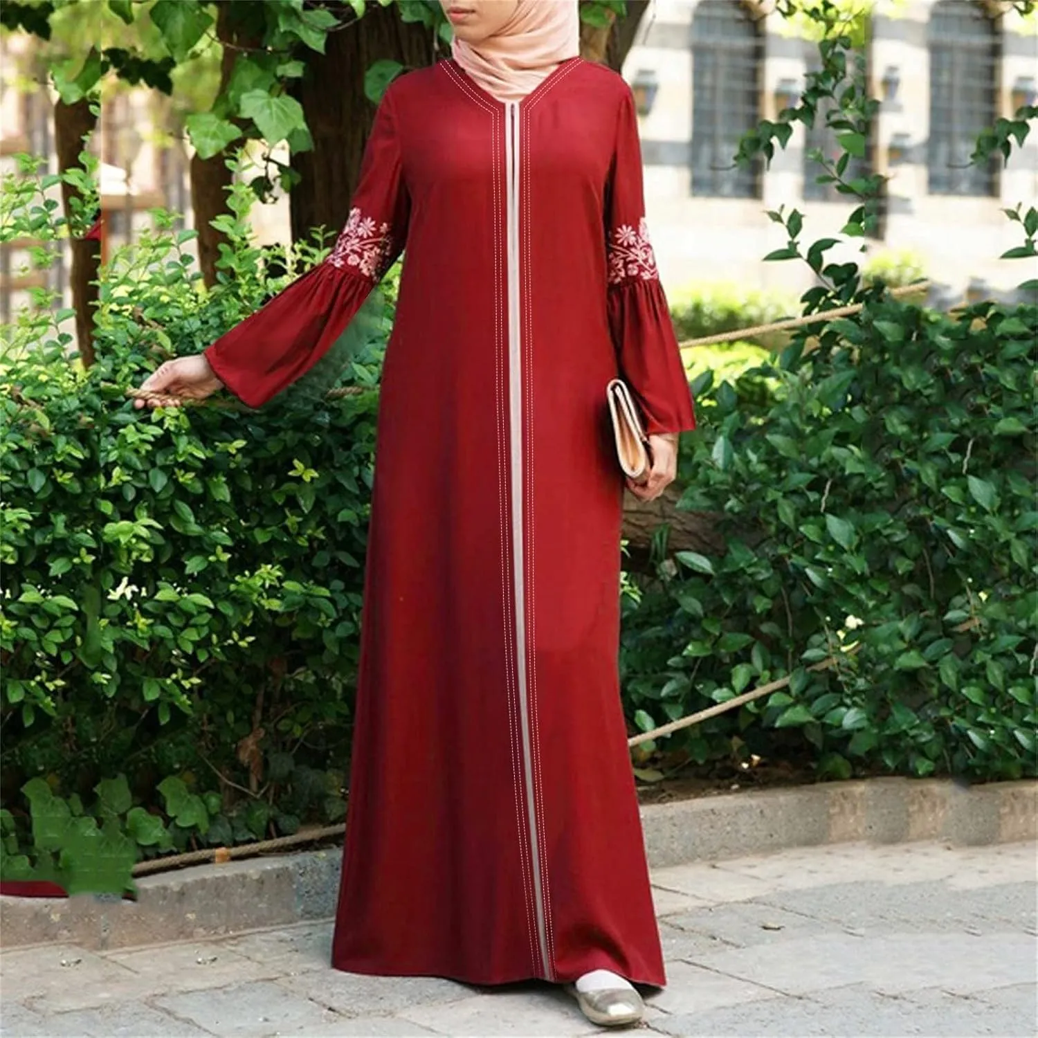 Women's Long Sleeve Sequin Maxi Dress Muslim Abaya Robe V Neck Embroided Long Gown Modern Islamic Arabic Casual Dress