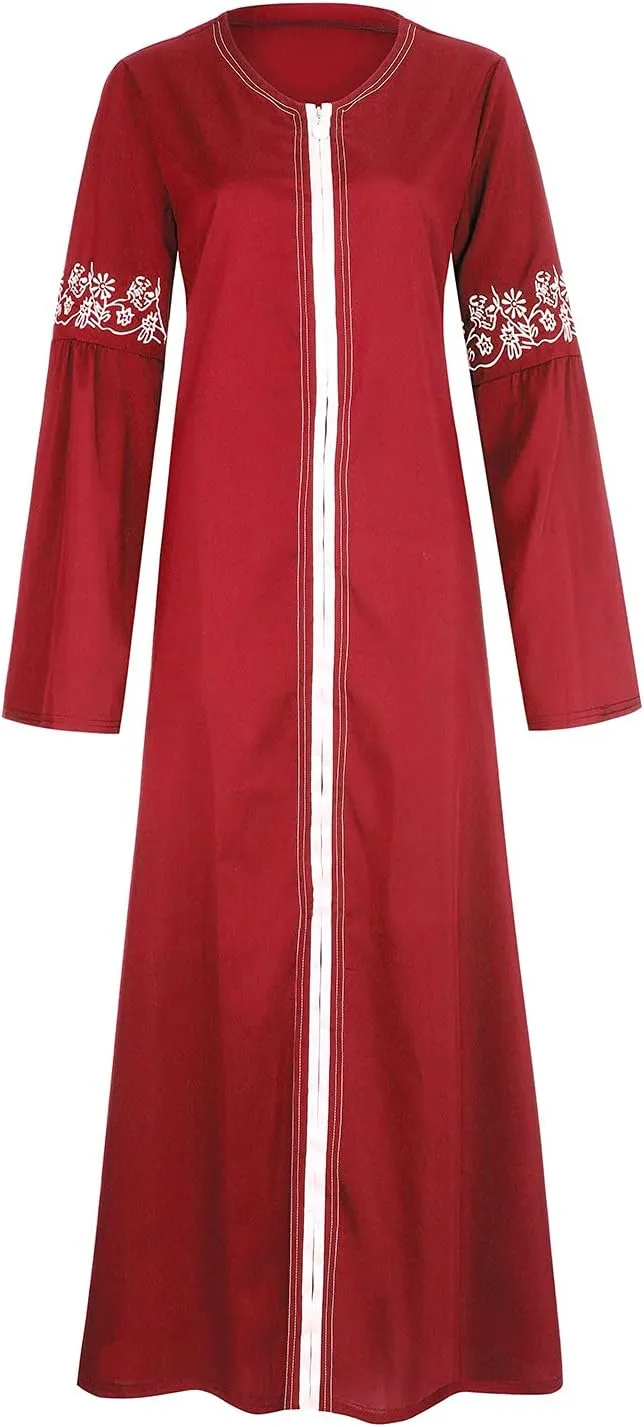 Women's Long Sleeve Sequin Maxi Dress Muslim Abaya Robe V Neck Embroided Long Gown Modern Islamic Arabic Casual Dress