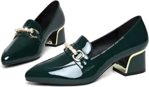 Women's Patent Leather Chunky Heel Loafers Comfort Closed Toe Pearl Metal Buckle Decoration Slip On Heeled Penny Loafers for Office Party Walking Formal Wear