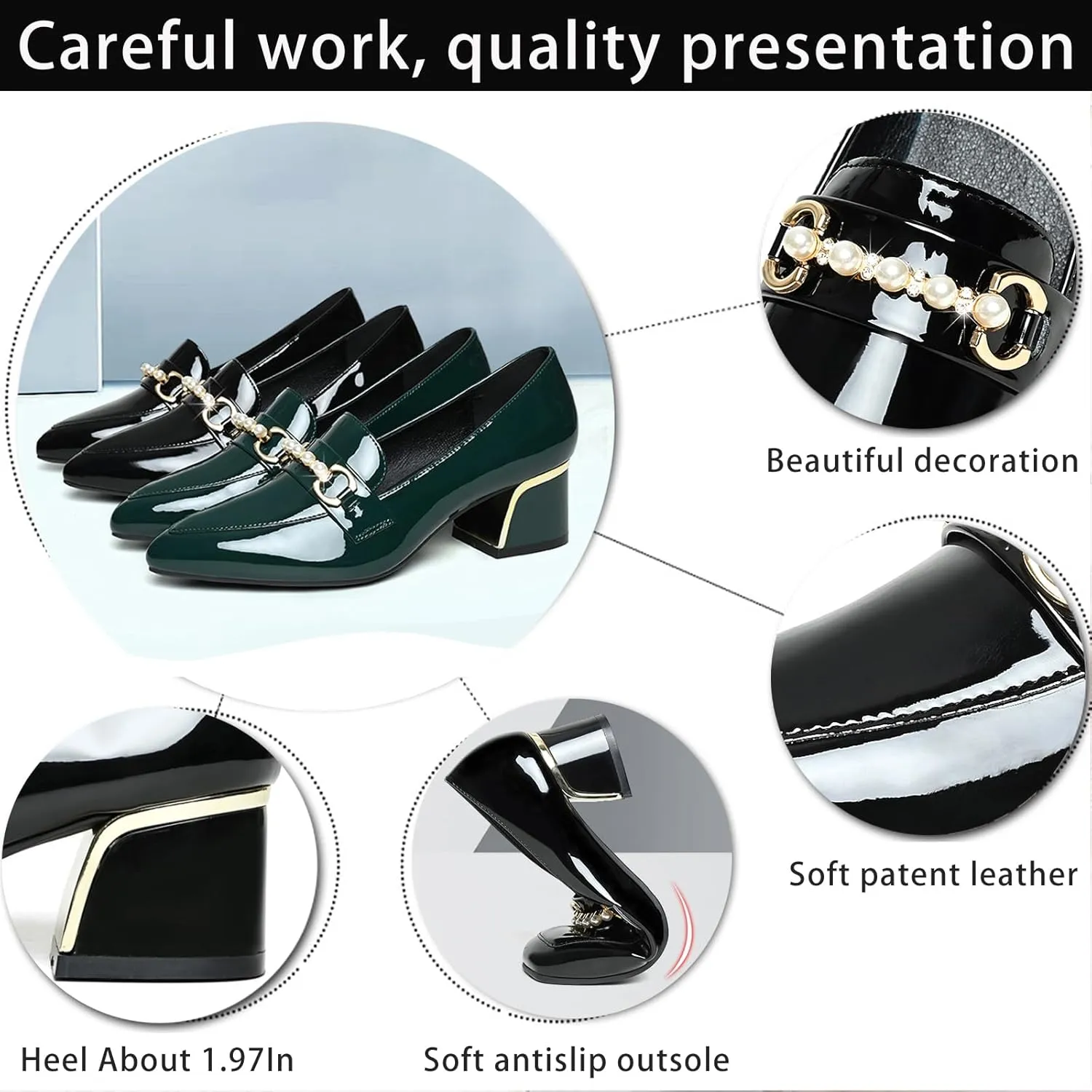 Women's Patent Leather Chunky Heel Loafers Comfort Closed Toe Pearl Metal Buckle Decoration Slip On Heeled Penny Loafers for Office Party Walking Formal Wear