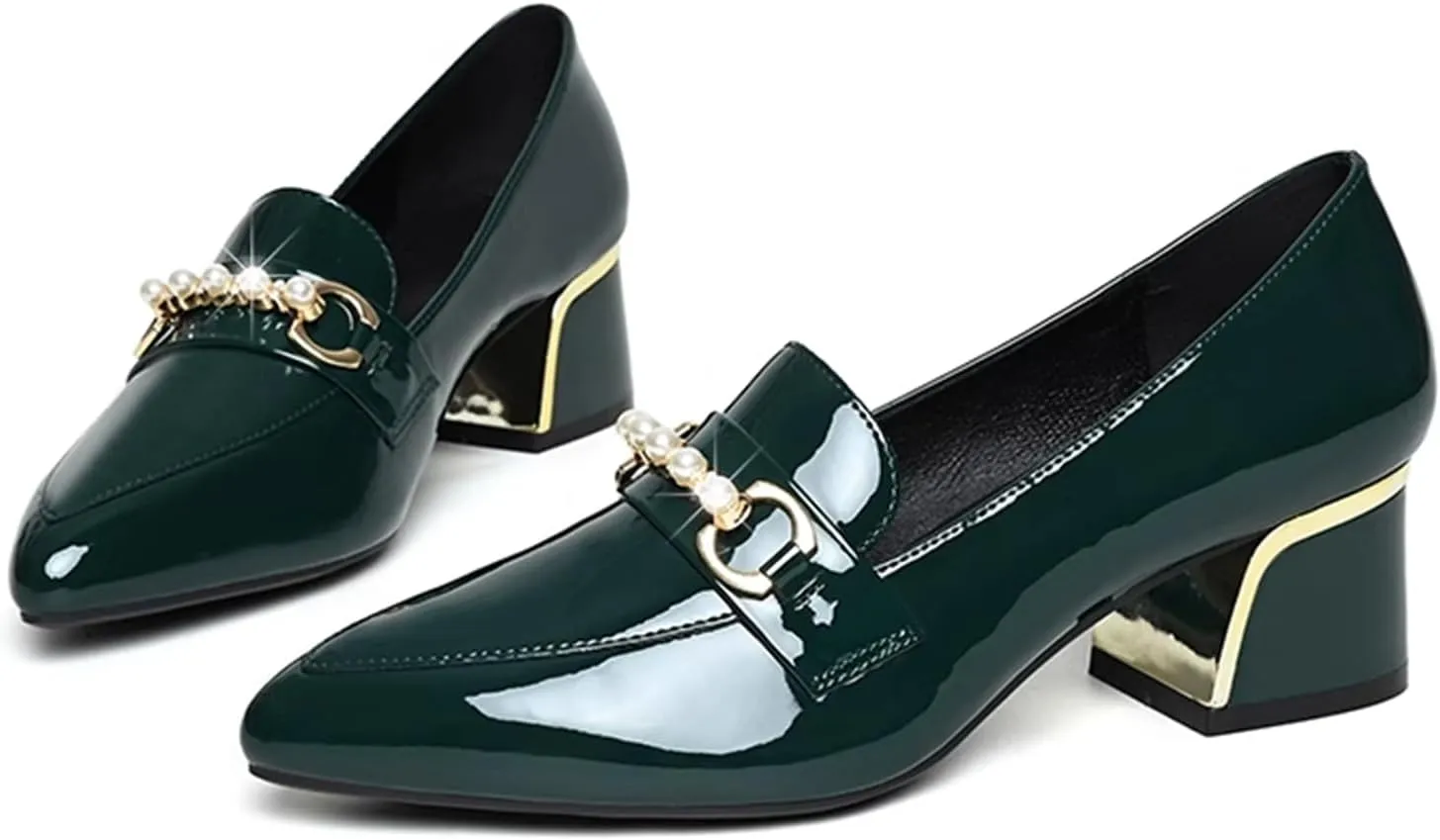 Women's Patent Leather Chunky Heel Loafers Comfort Closed Toe Pearl Metal Buckle Decoration Slip On Heeled Penny Loafers for Office Party Walking Formal Wear