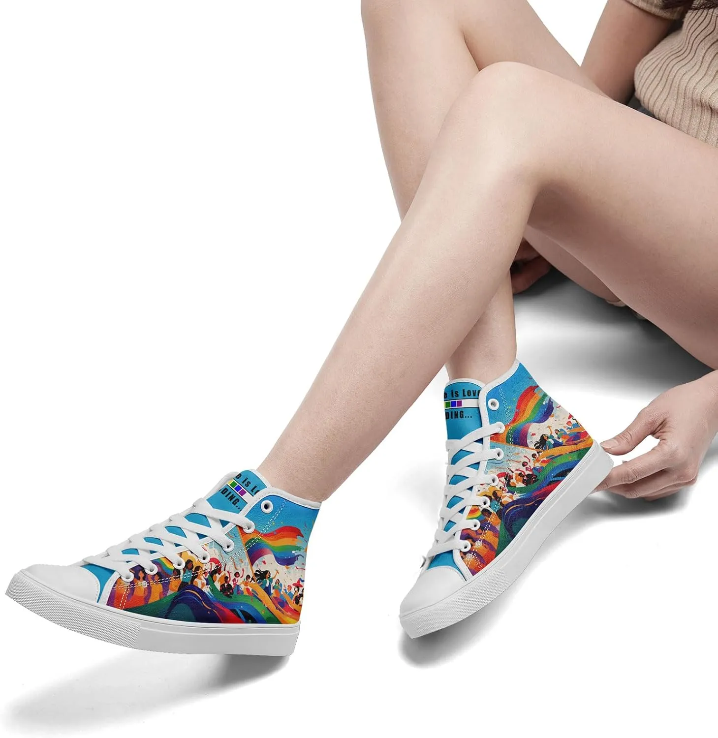 Womens Rainbow High Top Canvas Sneaker Lace-up Fashion Casual Shoes Classic Tennis Shoes Colorful Shoes