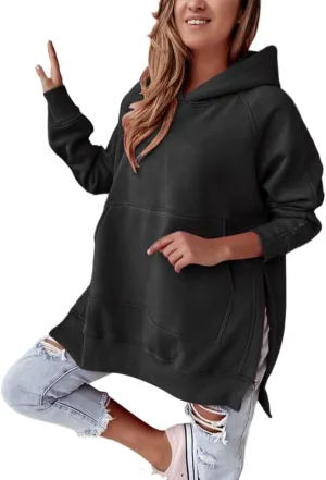 Womens Side Split Oversized Hoodies Sweatshirt Casual Solid Loose Fit Raglan Sleeve Pullover Tops with Kangroo Pocket