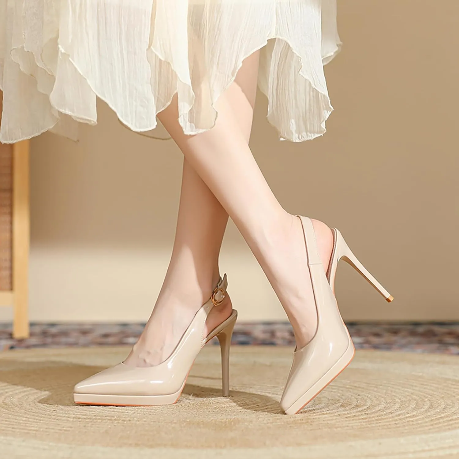 Women's Slingback High Heels Patent Leather Platform Closed Pointed Toe Stilettos Pumps Fashion Party Dress Shoes for Women