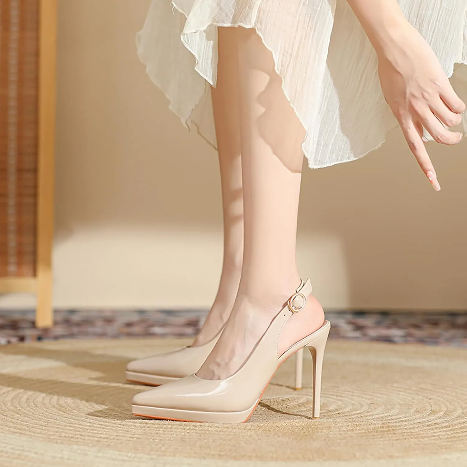 Women's Slingback High Heels Patent Leather Platform Closed Pointed Toe Stilettos Pumps Fashion Party Dress Shoes for Women