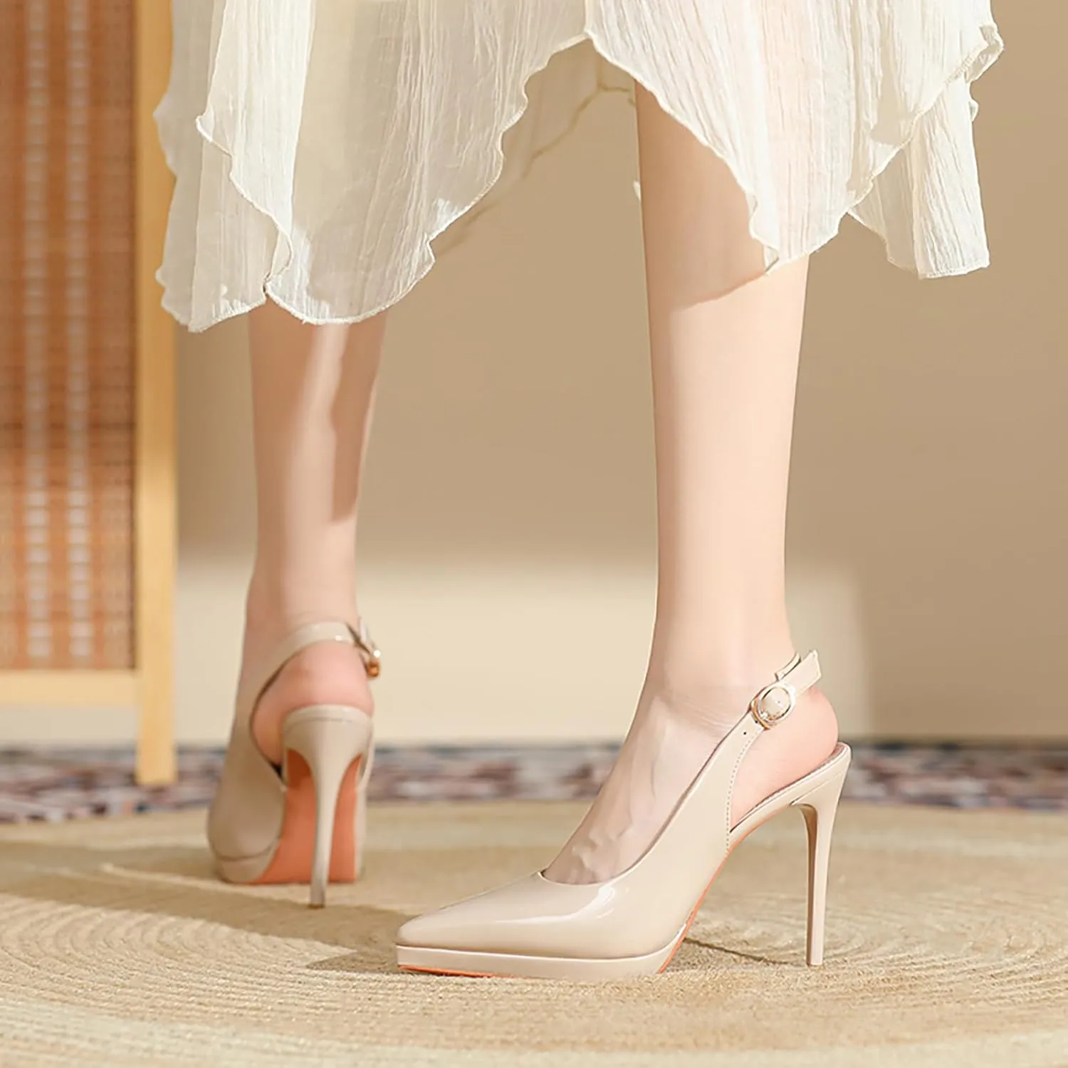 Women's Slingback High Heels Patent Leather Platform Closed Pointed Toe Stilettos Pumps Fashion Party Dress Shoes for Women