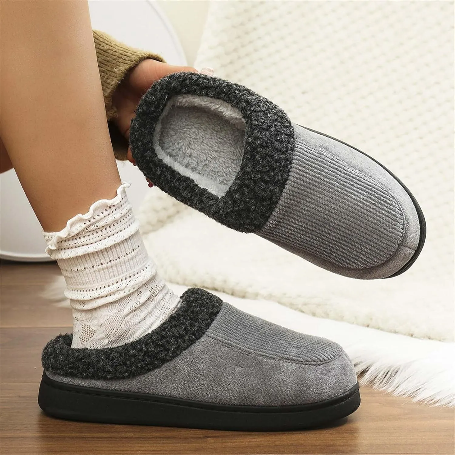 Womens Striped Slippers House Slippers for Men Plush Lined Bedroom Slippers for Men Slip On Flat Warm Slipper