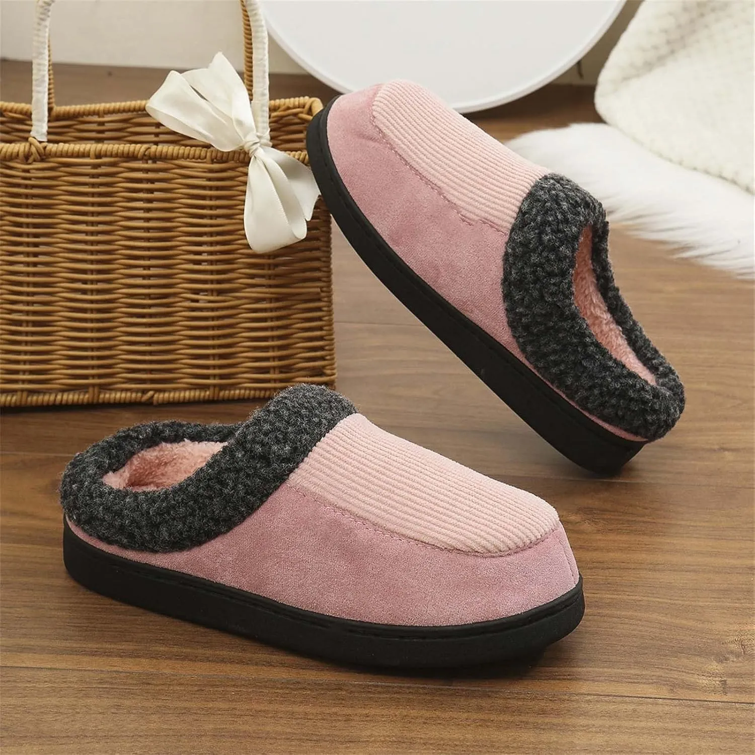Womens Striped Slippers House Slippers for Men Plush Lined Bedroom Slippers for Men Slip On Flat Warm Slipper