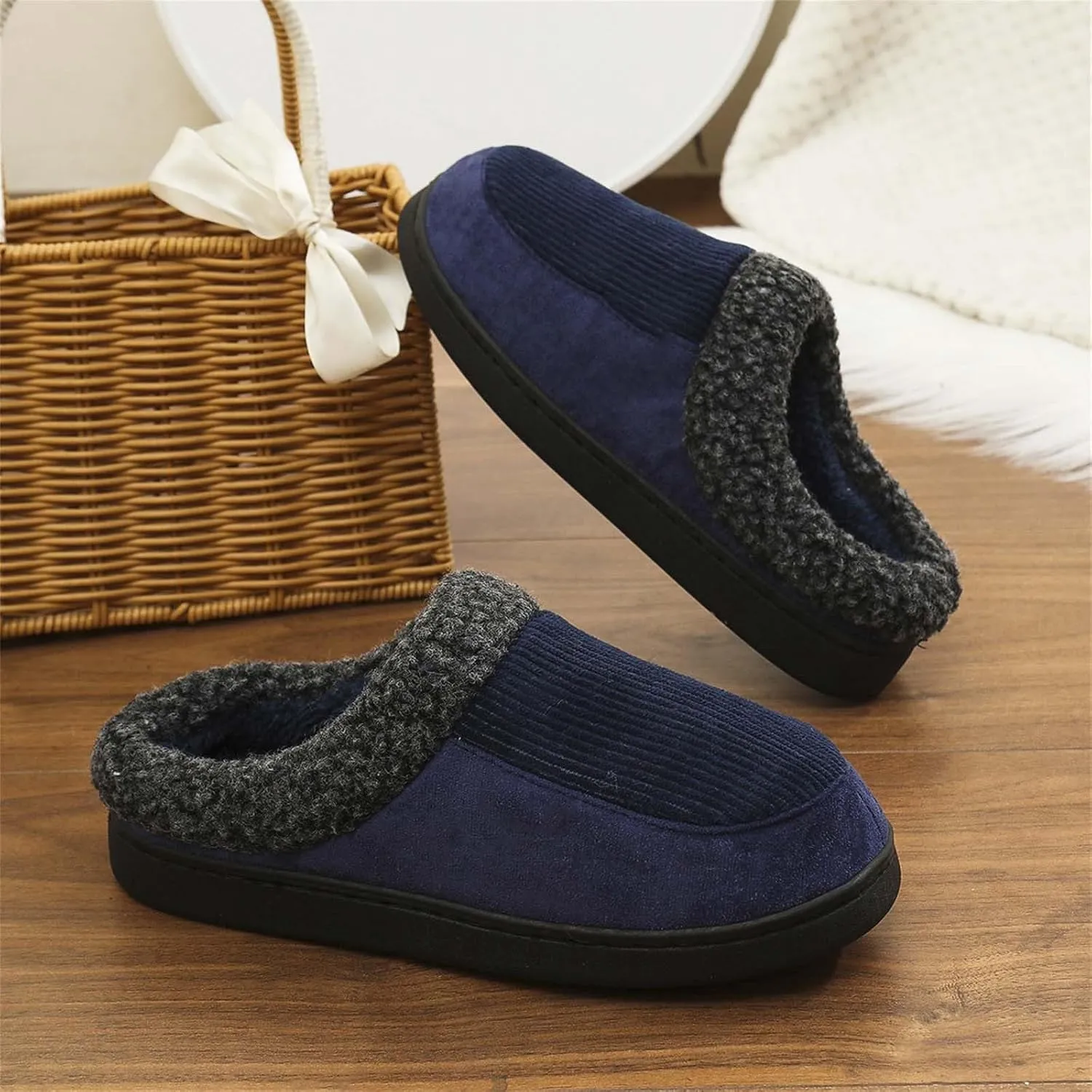 Womens Striped Slippers House Slippers for Men Plush Lined Bedroom Slippers for Men Slip On Flat Warm Slipper