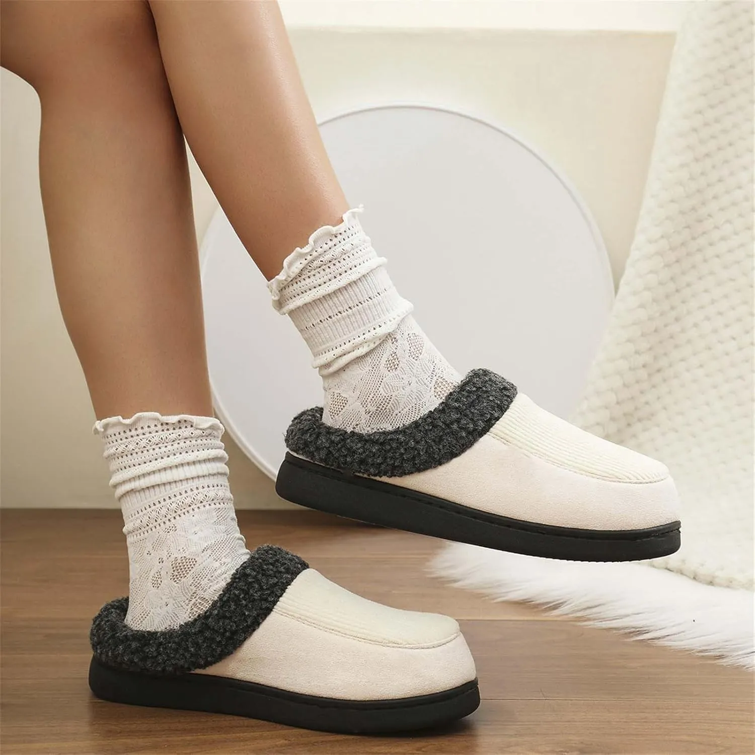 Womens Striped Slippers House Slippers for Men Plush Lined Bedroom Slippers for Men Slip On Flat Warm Slipper