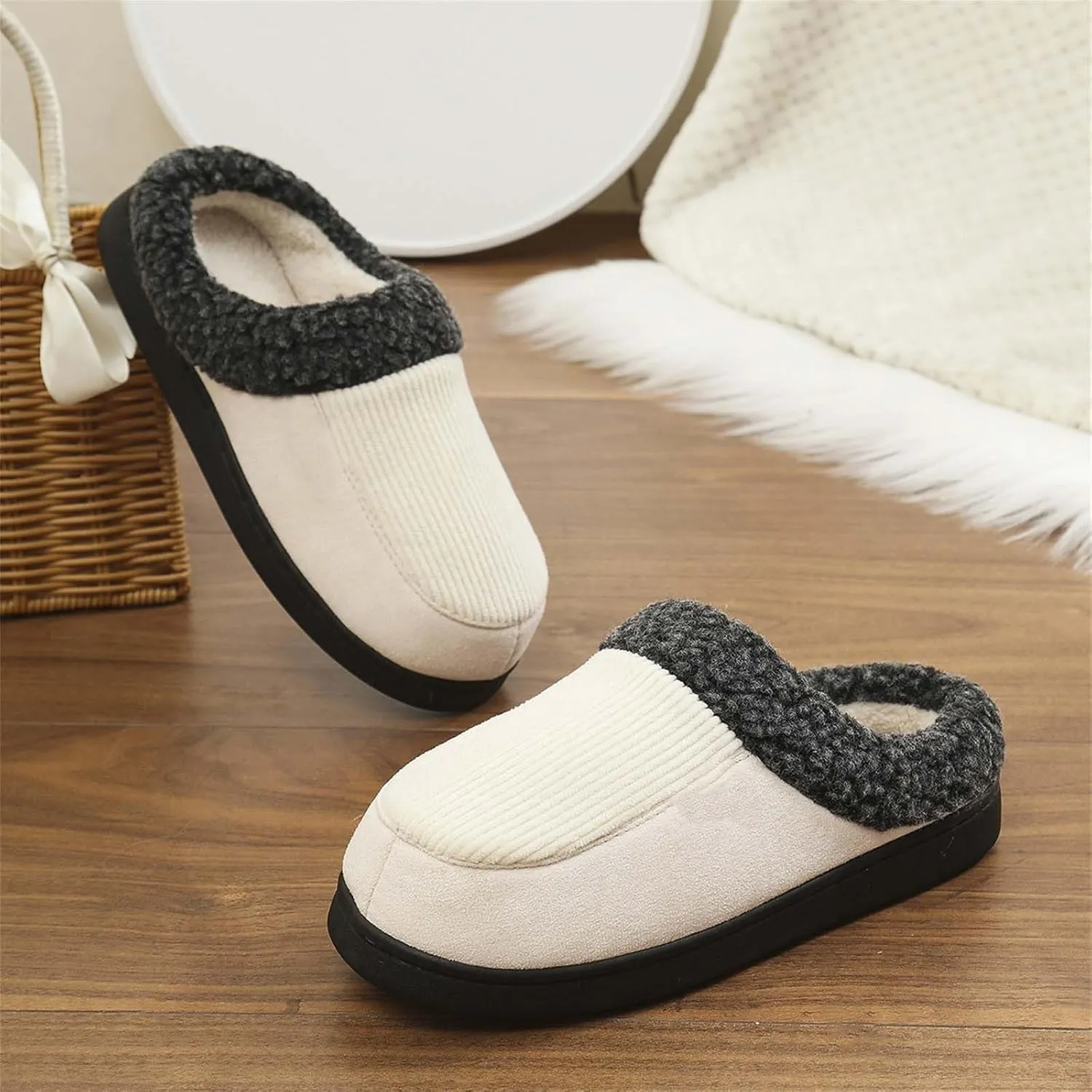 Womens Striped Slippers House Slippers for Men Plush Lined Bedroom Slippers for Men Slip On Flat Warm Slipper