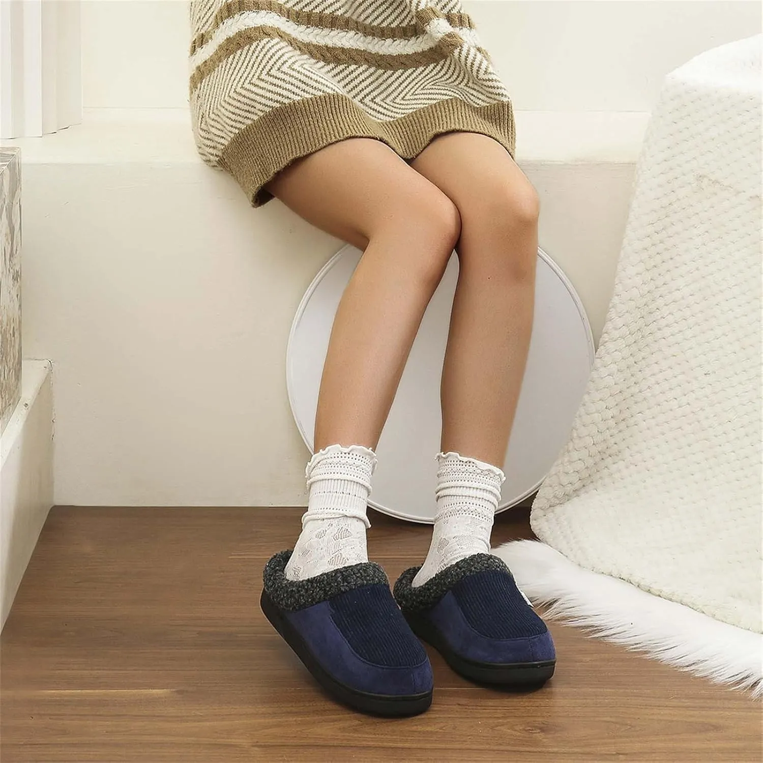 Womens Striped Slippers House Slippers for Men Plush Lined Bedroom Slippers for Men Slip On Flat Warm Slipper