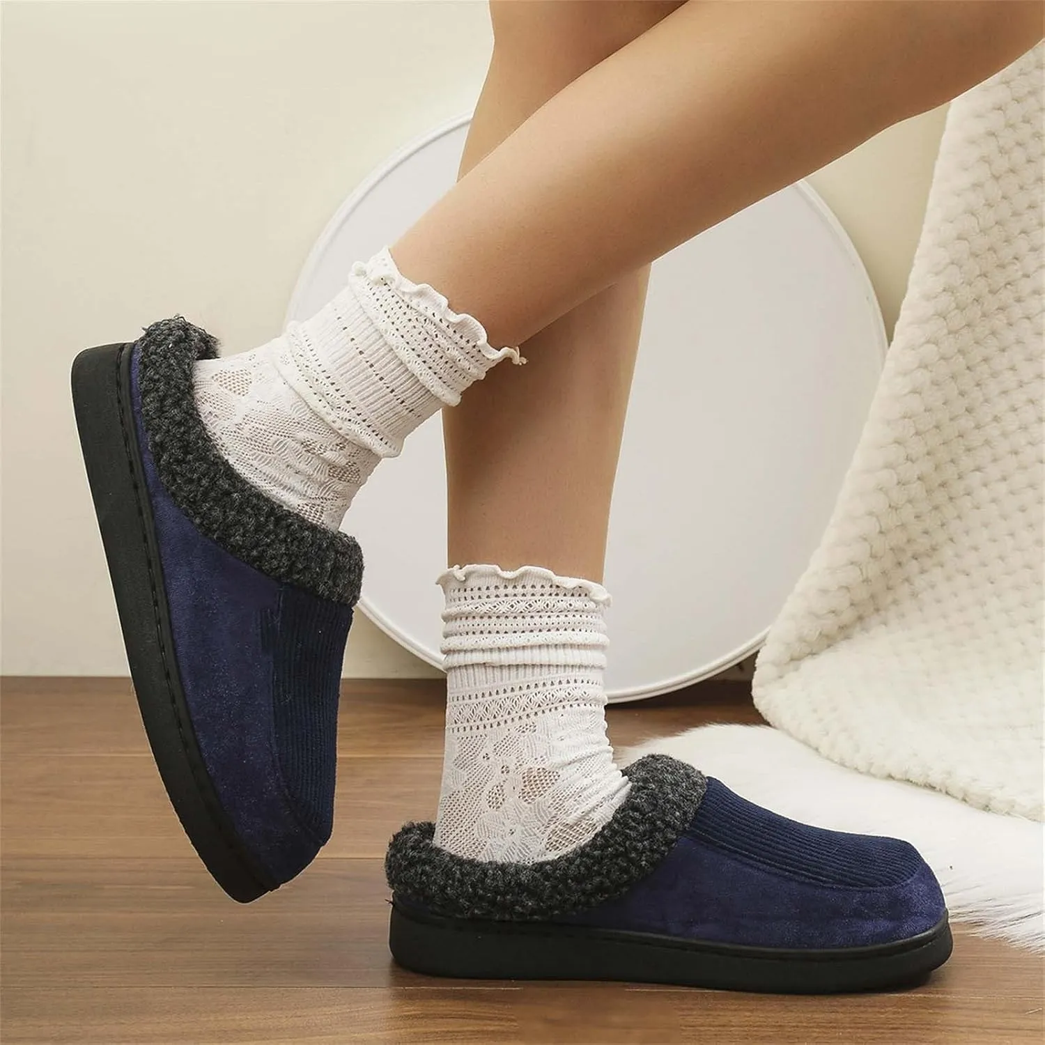 Womens Striped Slippers House Slippers for Men Plush Lined Bedroom Slippers for Men Slip On Flat Warm Slipper