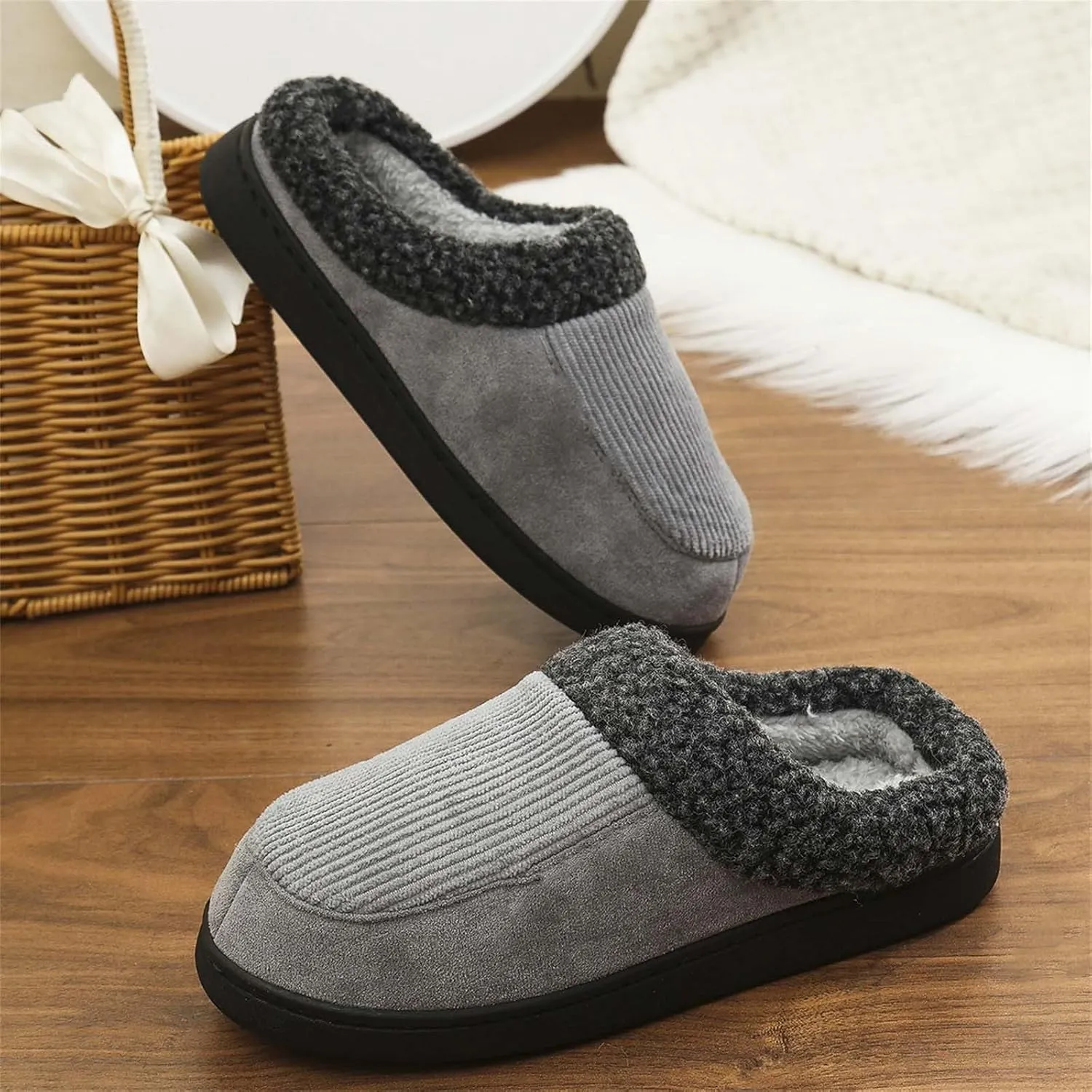 Womens Striped Slippers House Slippers for Men Plush Lined Bedroom Slippers for Men Slip On Flat Warm Slipper
