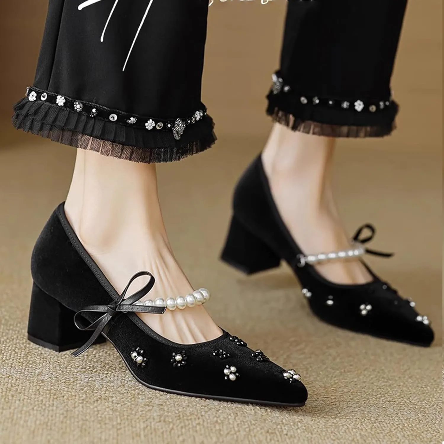 Women's Suede Beaded Pearls Strap Pointed Toe Chunky Heel Mary Jane Pumps Fashion Summer Non-Slip Heels with Pearl Decor Slip on Block Mid Heel Wedding Bridal Party Dress Shoes