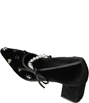 Women's Suede Beaded Pearls Strap Pointed Toe Chunky Heel Mary Jane Pumps Fashion Summer Non-Slip Heels with Pearl Decor Slip on Block Mid Heel Wedding Bridal Party Dress Shoes
