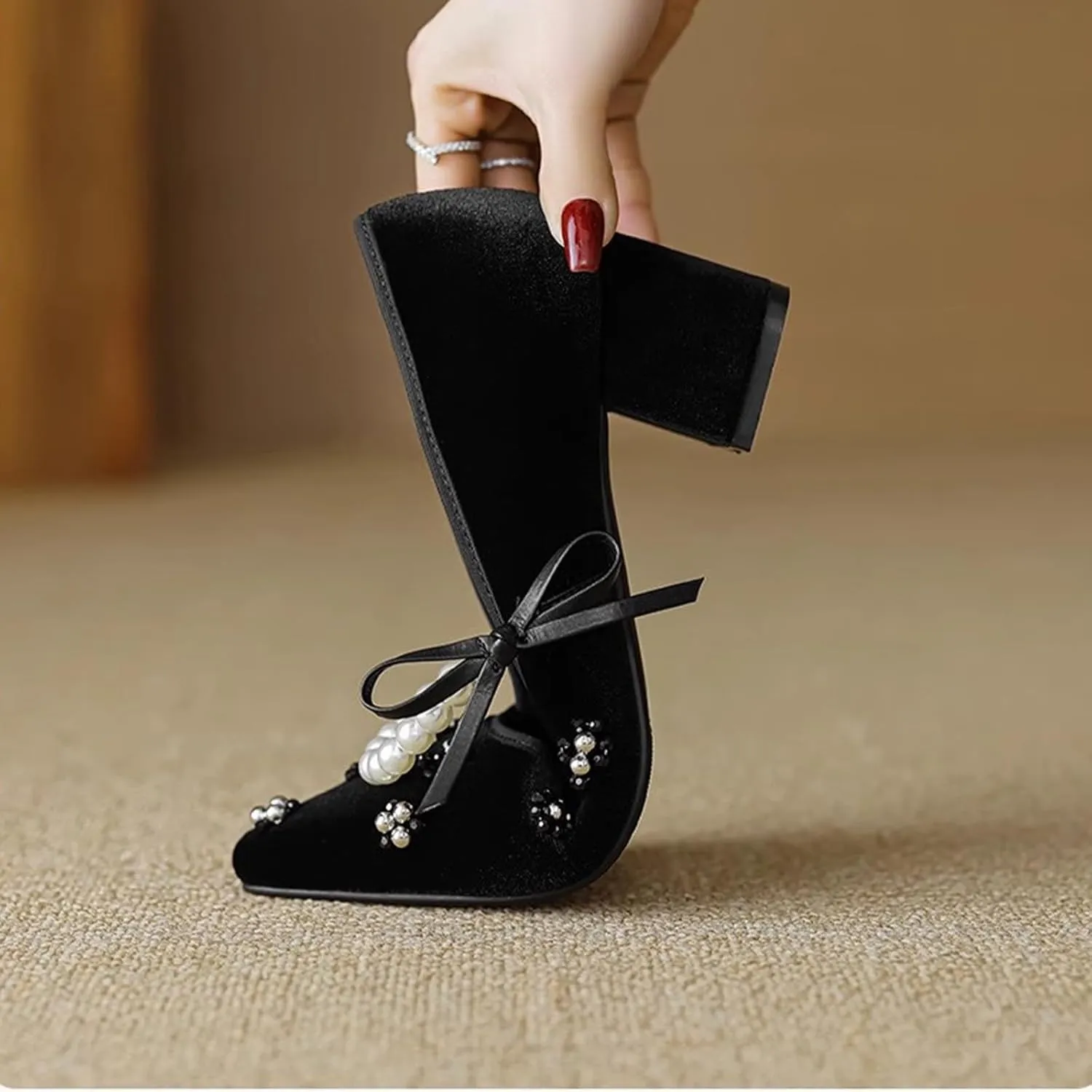 Women's Suede Beaded Pearls Strap Pointed Toe Chunky Heel Mary Jane Pumps Fashion Summer Non-Slip Heels with Pearl Decor Slip on Block Mid Heel Wedding Bridal Party Dress Shoes