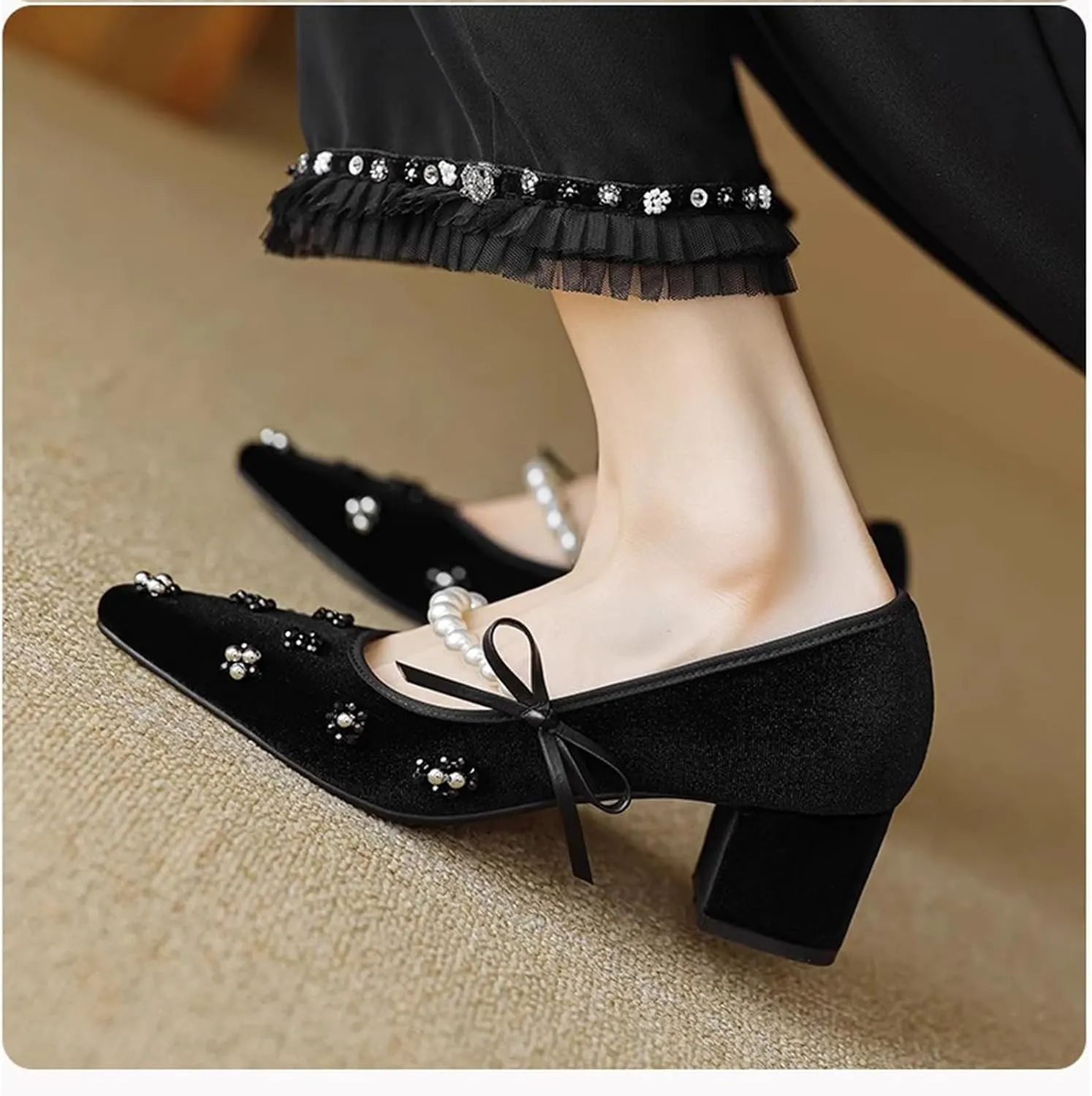 Women's Suede Beaded Pearls Strap Pointed Toe Chunky Heel Mary Jane Pumps Fashion Summer Non-Slip Heels with Pearl Decor Slip on Block Mid Heel Wedding Bridal Party Dress Shoes