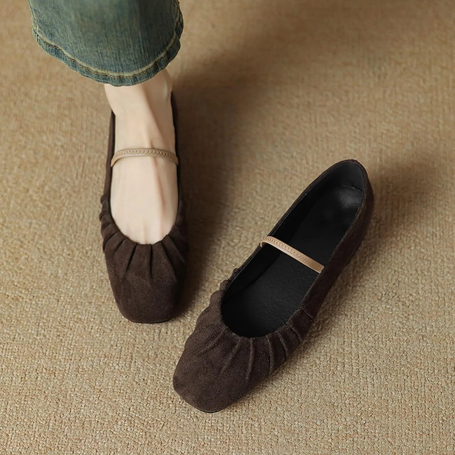 Women'S Vintage Suede Pleated Mary Jane Flats,Comfortable Closed Square Toe Elastic Strap Low Heel Slip Ons,for Casual Party Ballet Shoes