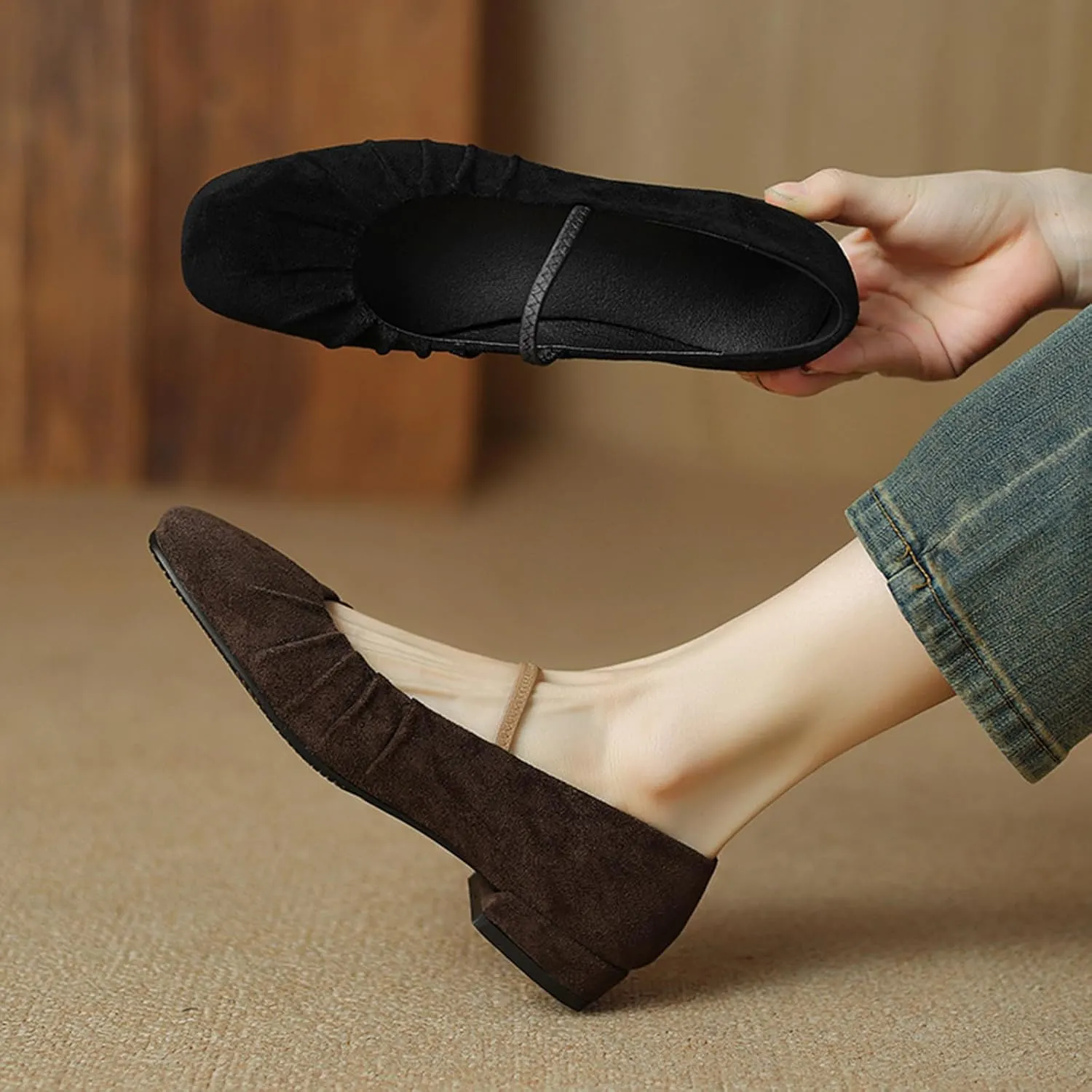 Women'S Vintage Suede Pleated Mary Jane Flats,Comfortable Closed Square Toe Elastic Strap Low Heel Slip Ons,for Casual Party Ballet Shoes