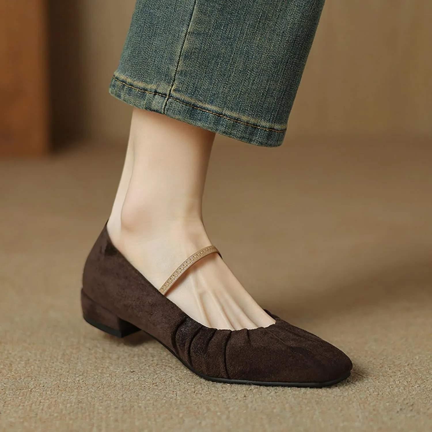 Women'S Vintage Suede Pleated Mary Jane Flats,Comfortable Closed Square Toe Elastic Strap Low Heel Slip Ons,for Casual Party Ballet Shoes